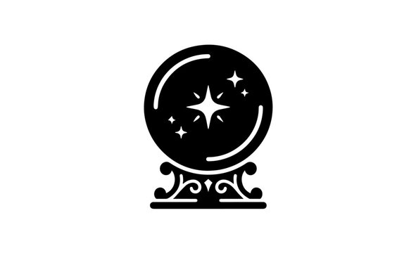 Minimalist crystal ball icon, black magic sphere with sparkling stars on ornate stand, mystical fortune telling symbol for web design and branding
