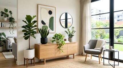 Fototapeta premium Bright and airy living room with abundant plants and modern decor