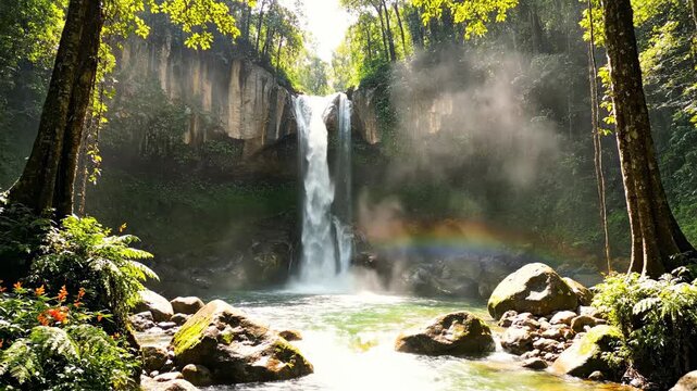 Majestic jungle waterfall cascades down lush green cliffs creating a vibrant rainbow in the misty spray, surrounded by dense tropical foliage and ancient trees
