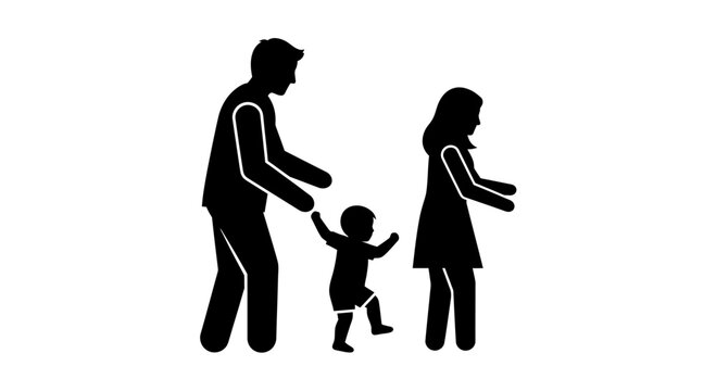 Black silhouette icon of parents helping toddler take first steps.