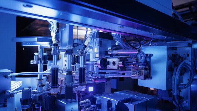 Quantum computing machine operating with advanced processing capabilities, showing intricate hardware, circuits, and bright blue and purple lights in a technological environment
