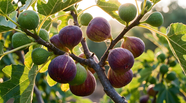 Closeup of figs on tree branch.