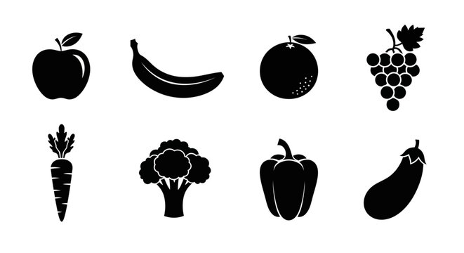 Silhouettes of various fruits and vegetables including apple, banana, orange, grapes, carrot, broccoli, bell pepper, and eggplant, representing healthy eating on isolated white background.