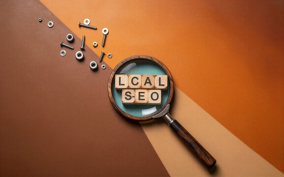 Magnifying glass reveals "LOCAL SEO" amidst scattered screws on