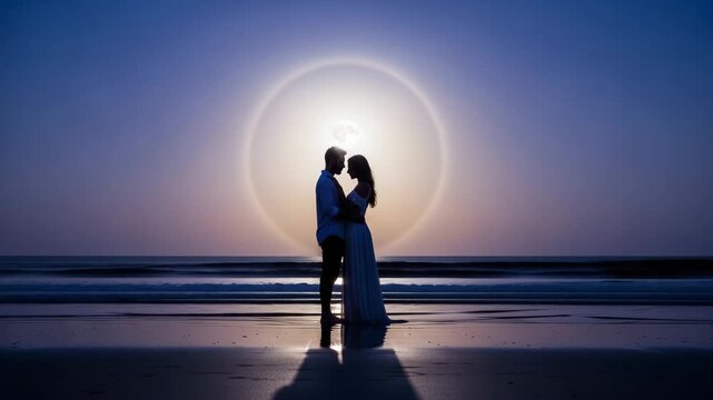 Silhouette of a couple on a beach at night standing within a moon halo
