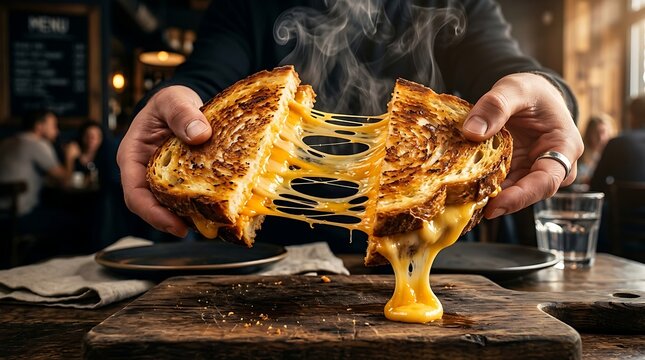 Delicious grilled cheese sandwich being pulled.
