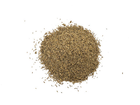 Top view of a small pile of dried cumin seeds on Transparent background, minimal food ingredient concept with copy space.
