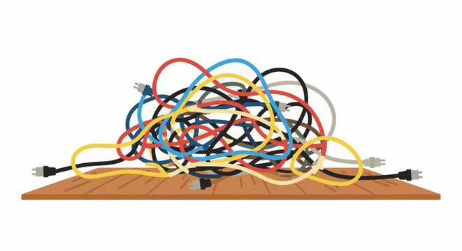 A pile of colorful electrical cords tangled together on a wooden surface