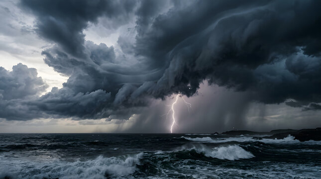 Dramatic Thunderstorm Over Ocean with Lightning and Dark Clouds