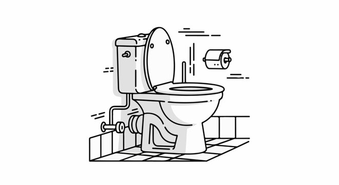 A line art illustration of a toilet with an open lid and toilet paper roll