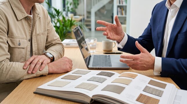 Interior designer presenting material samples to client, discussing home renovation project with fabric swatches and laptop in modern office meeting