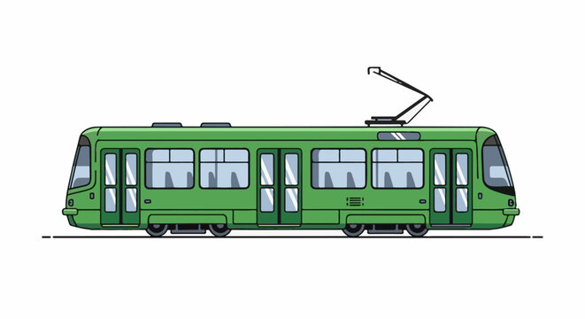 A green, modern, multi-windowed tram with a pantograph on top