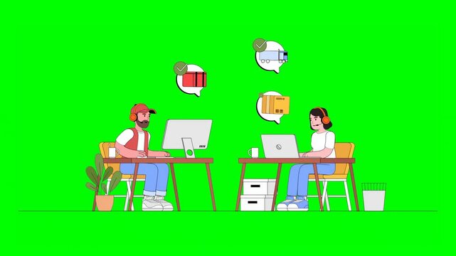 Two 2D Animated Male and Female Logistic Workers Giving Customer Service on Orders, Payment, Transpiration and Delivery at Office Desks Using Computers and Headphones on Green Background.