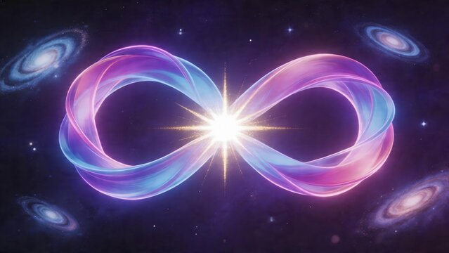 Cosmic infinity symbol with galaxy backdrop