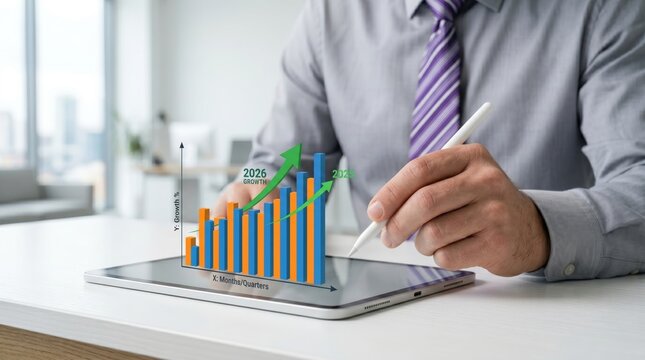 Business analyst drawing rising bar chart on tablet screen showing financial growth projection for two thousand twenty six, economic success and positive trend analysis concept.