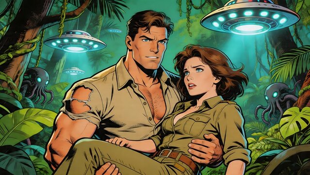 Couple in jungle with alien ships