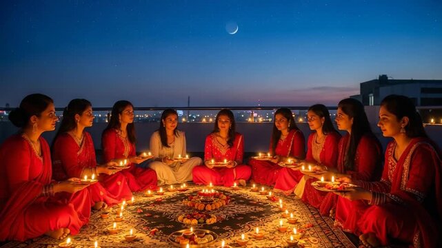 Group of Indian women in colorful saris sitting in a circle for puja