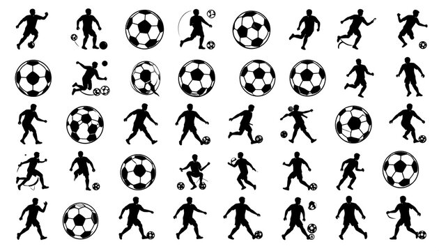 Silhouetted soccer players and balls in various action poses, arranged in a grid pattern on a white background