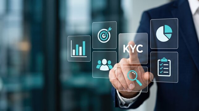 Hand touching KYC icon on virtual screen, know your customer identity verification process, financial compliance check, user authentication system, background investigation, due