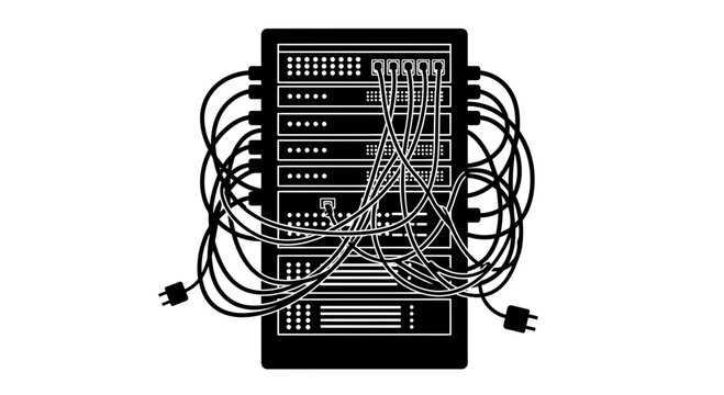 Server rack with tangled network cables and disorganized wiring