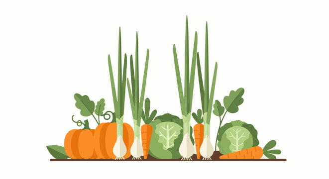 A flat illustration of a variety of fresh garden vegetables on a brown surface