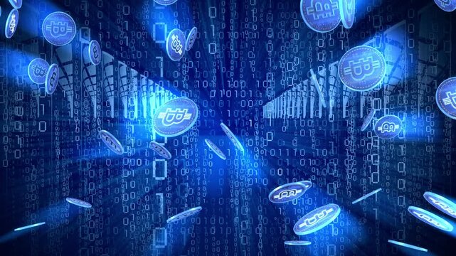 Rain of Cryptocurrency Bitcoins Falling Down with Matrix Binary Code in Background