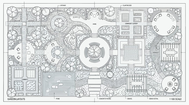 Detailed garden landscape architectural master plan layout