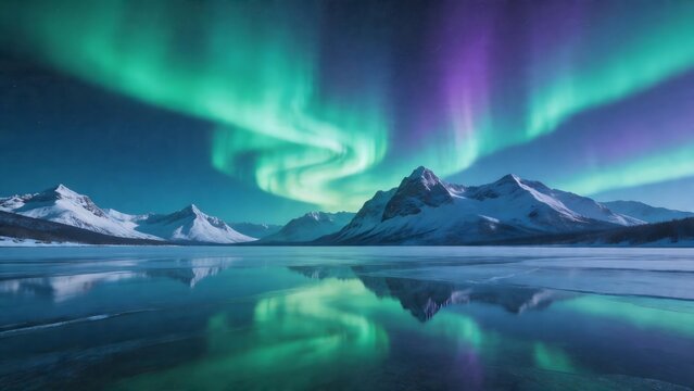 Northern lights over snowy mountains
