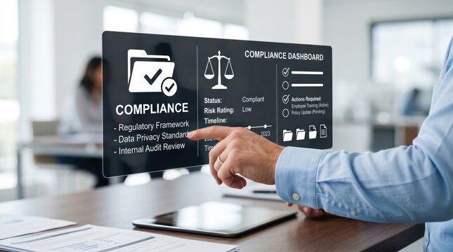 Corporate compliance dashboard, regulatory framework audit, data privacy standards, risk assessment, legal checklist, internal review process, business governance, security