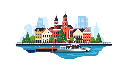 Fototapeta premium European waterfront city during Christmas season with yacht
