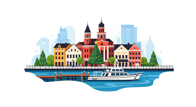 European waterfront city during Christmas season with yacht