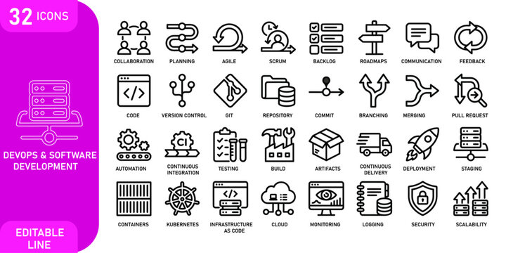 32 DevOps and Software Engineering Vector Icons Set Featuring Git, Scrum, Deployment, Infrastructure as Code, and Automation Symbols