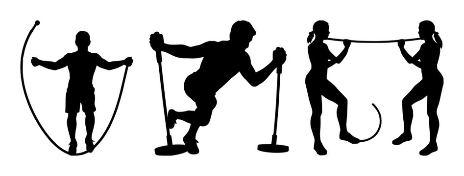 Jump rope set with simple black icon on white background featuring fitness, exercise, cardio with silhouette and single rope
