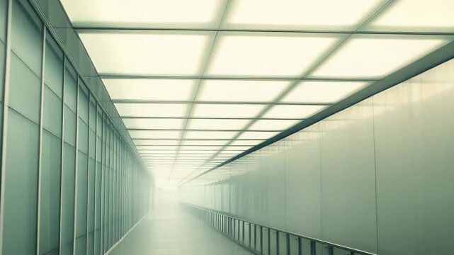 Long futuristic corridor featuring glass panel walls and a high ceiling with diffuse light, creating a sense of infinity, progression, and a minimal aesthetic