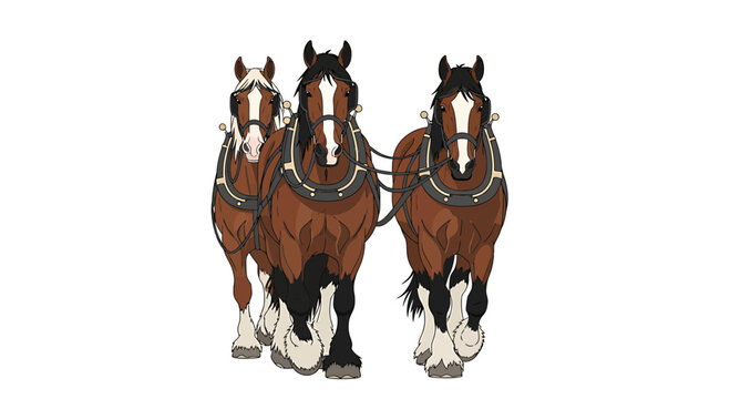 Trio of bay draft horses wearing traditional work harnesses