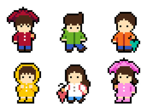 8-bit pixel art rainy day people set
