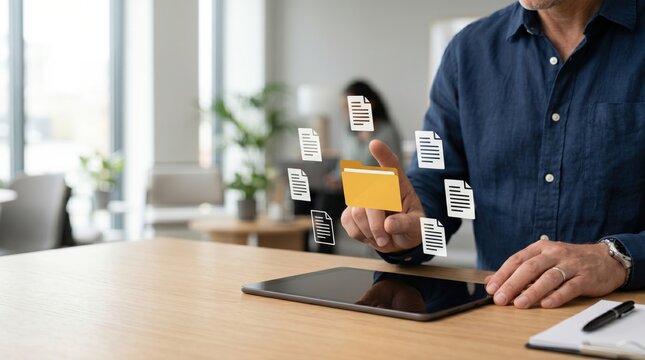 Cloud computing file management system with digital folder and documents floating above tablet, data storage organization and document sharing technology concept.