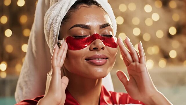 A smiling young woman with a white towel on her head applies red shimmering eye patches under her eyes for a skincare routine against a warm bokeh light background.