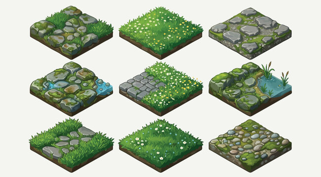 Set of isometric game tiles with grass, stones, and water elements for landscape design