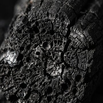 Macro shot of charred wood, revealing intricate textures, cracks, and the effects of burning