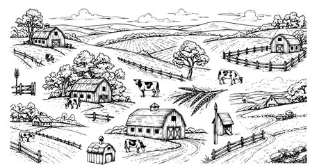 Extensive black and white farm landscape collection featuring barns cows grazing fields and fences in classic hand drawn engraving style for agricultural and rural themes © Neoviz Studio