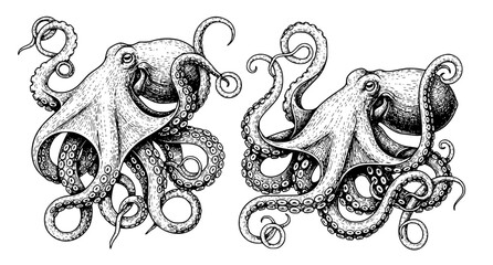 Detailed ink illustration of two majestic octopuses with intricate tentacle textures and realistic suction cups isolated on a white background for maritime and aquatic themed graphic design projects © Neoviz Studio