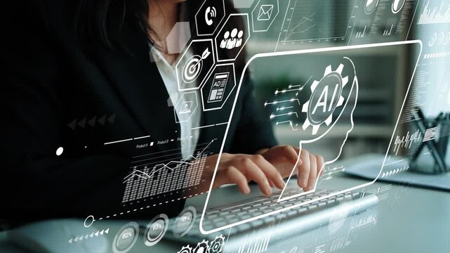 Businesswoman Using Laptop with Artificial Intelligence Graphics for Data Analysis and Technology Solutions. Asymptotic smart data analytic.