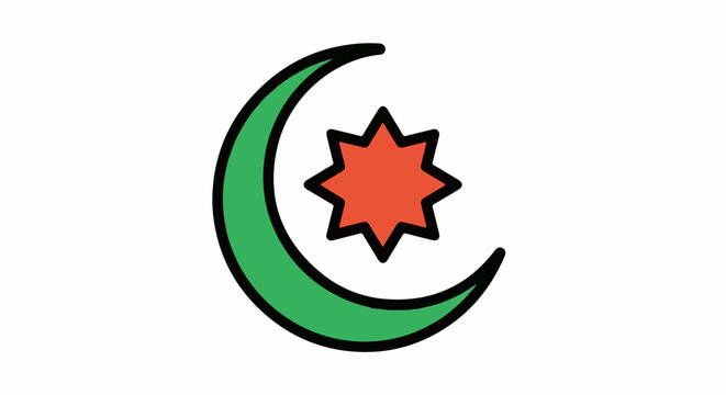 A green crescent moon shape with a red star emblem against a white background