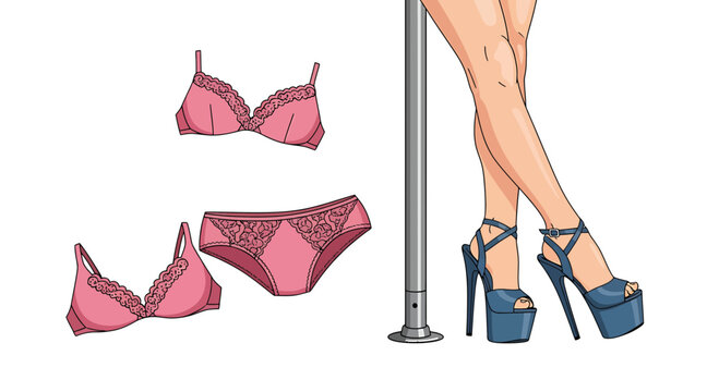 Pink lace lingerie and female legs in high platform heels with pole