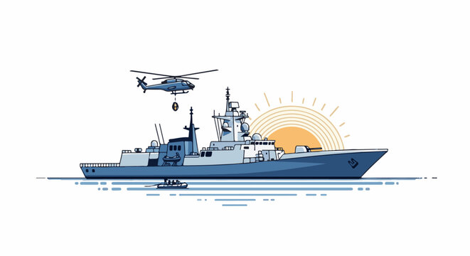 A detailed illustration of a naval warship with a helicopter and a small boat near it