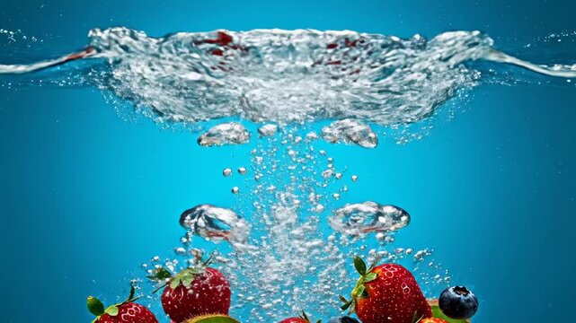 Fresh mixed berries and kiwi plunging into clear blue water creating splash and bubbles, healthy eating, vibrant refreshments