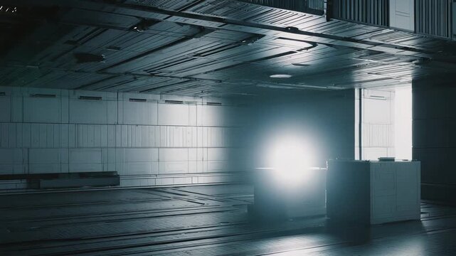 Spacious futuristic hangar interior with a large open doorway letting in bright light, emphasizing a feeling of journey and new horizons within a clean, industrial, sci fi environment