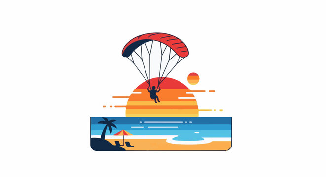 A paraglider soars over a tropical beach at sunset