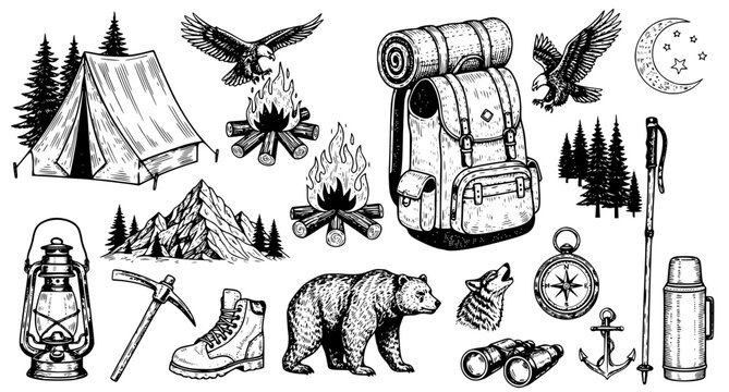 Camping and outdoor adventure gear hand drawn sketch set including mountain tent backpack bonfire bear eagle and hiking equipment for wilderness themes